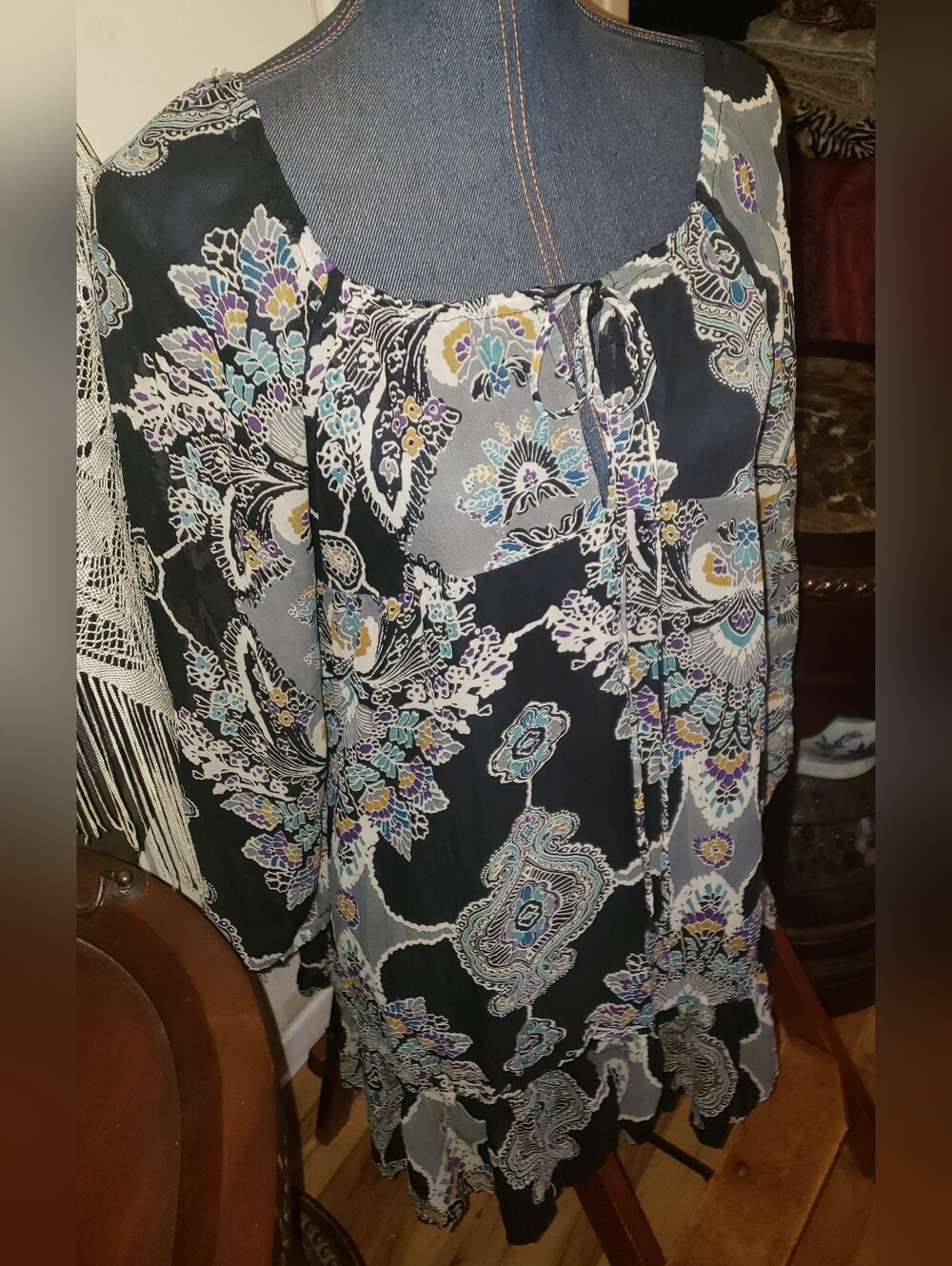 Boho Floral Peasant Top in Black and Gray